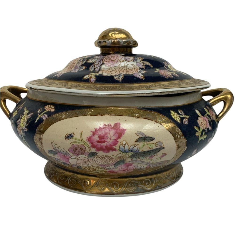 Antique Hand-Painted Porcelain Tureen Chinoiserie Satsuma style Blue Gold Gilt